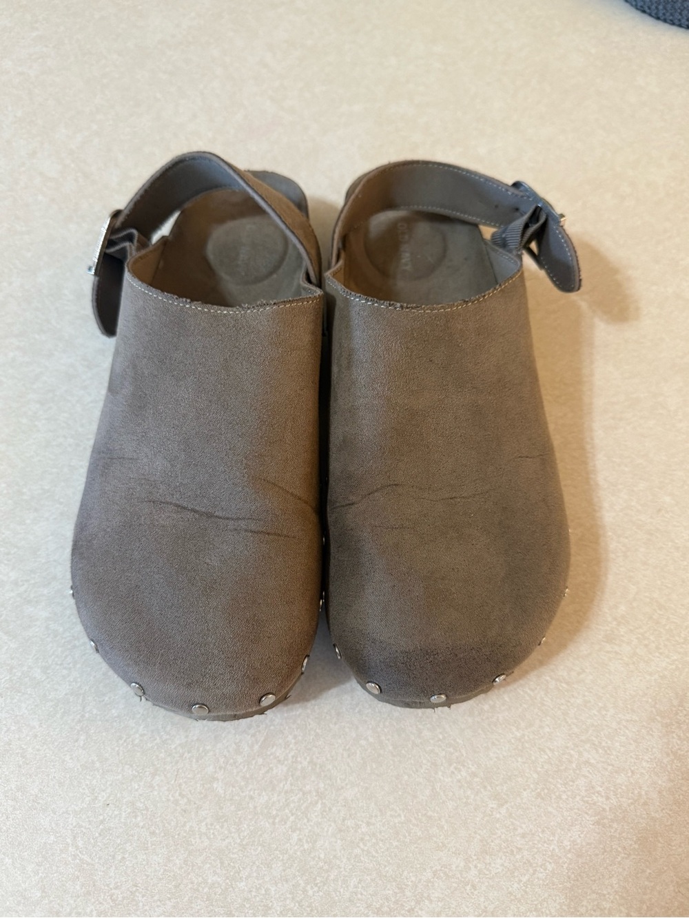 Old Navy Taupe Suede Clog Mules with Adjustable Backstrap